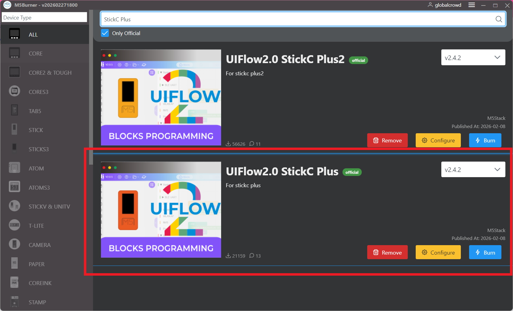M5Burner firmware selection — select UIFlow2.0 StickC Plus (highlighted), not StickC Plus2