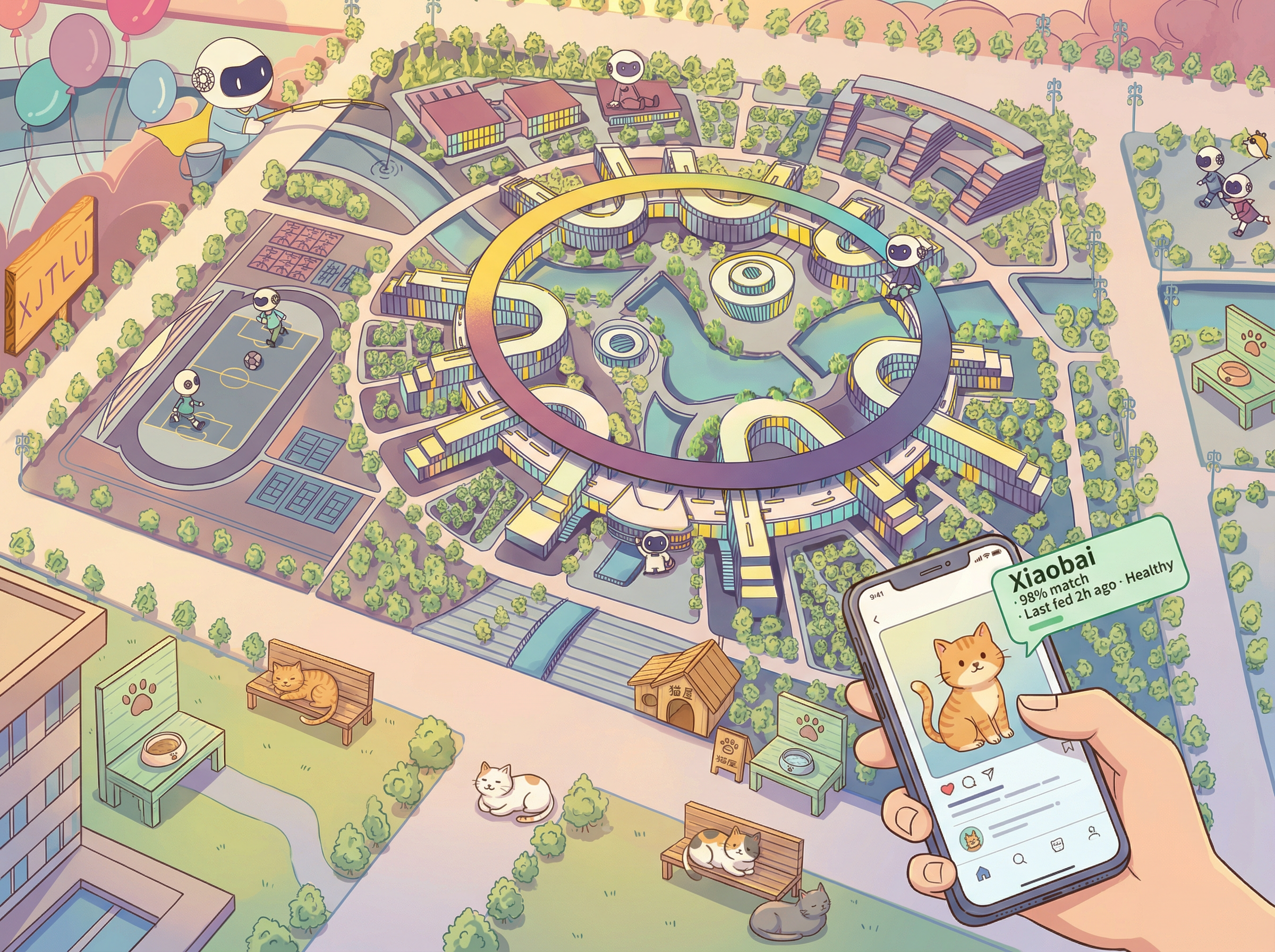 MiaoLog project idea sketch — campus cat map with feeding stations, cat hotels, and PWA interface